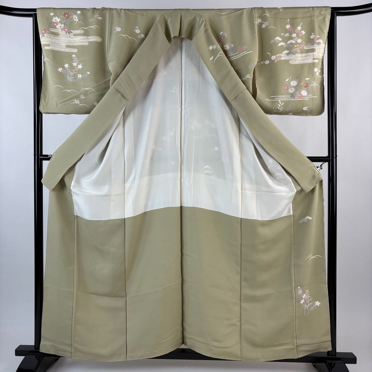  訪問着 身丈159 cm 裄丈65 5 M 袷 草花 ヱ霞 金糸 金彩 灰緑 正絹 秀品 訪問着 付け下げ 着物