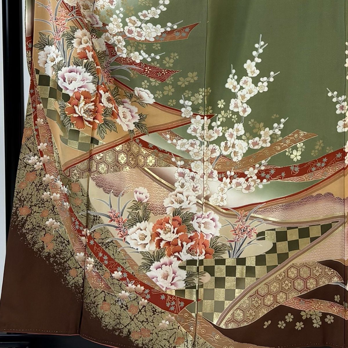振袖 身丈160 cm 裄丈65 M 袷 牡丹 枝梅 金糸 金彩 ピンク 正絹 秀品