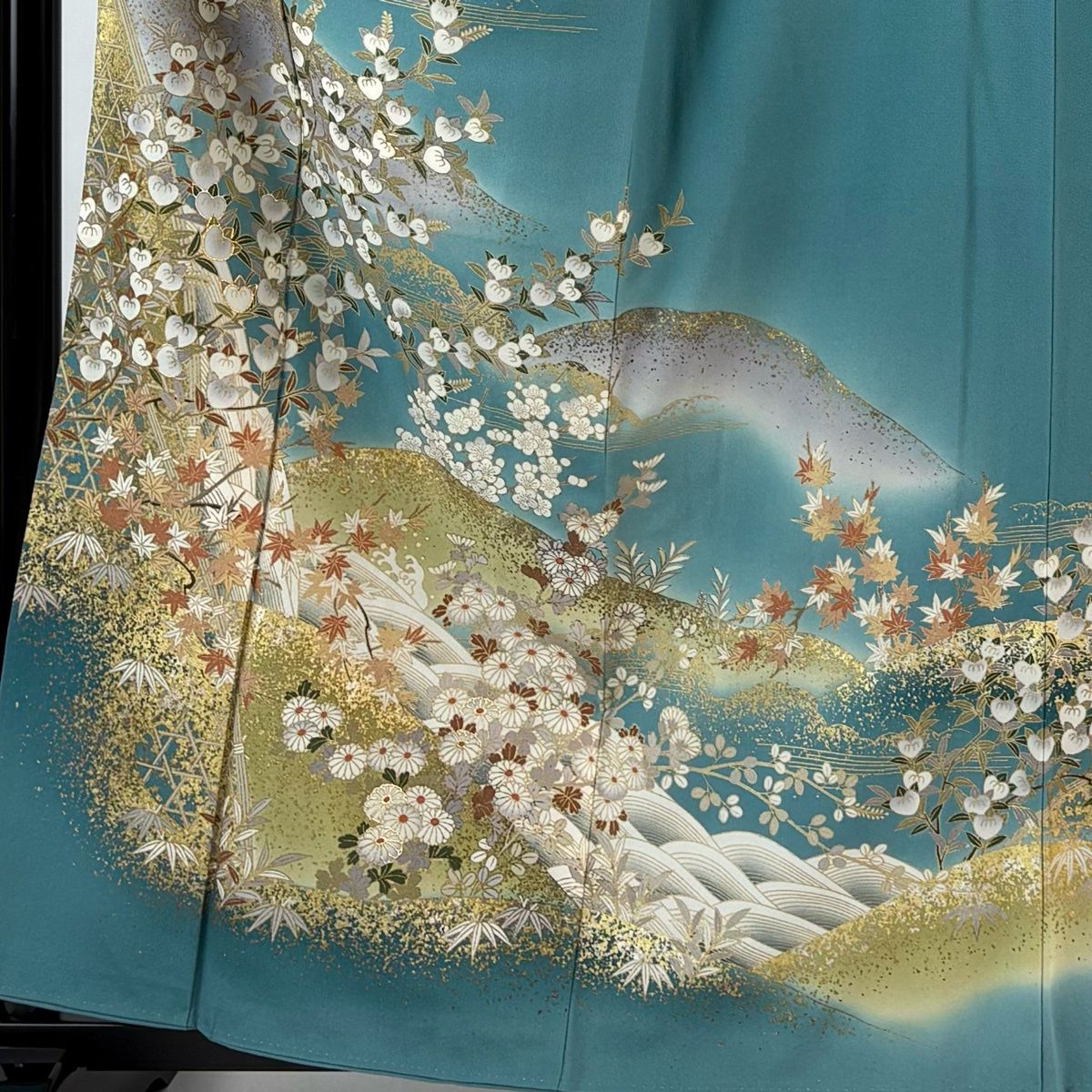訪問着 身丈160 cm 裄丈67.5 L 袷 枝梅 楓 金糸 金銀彩 青緑 正絹 秀品