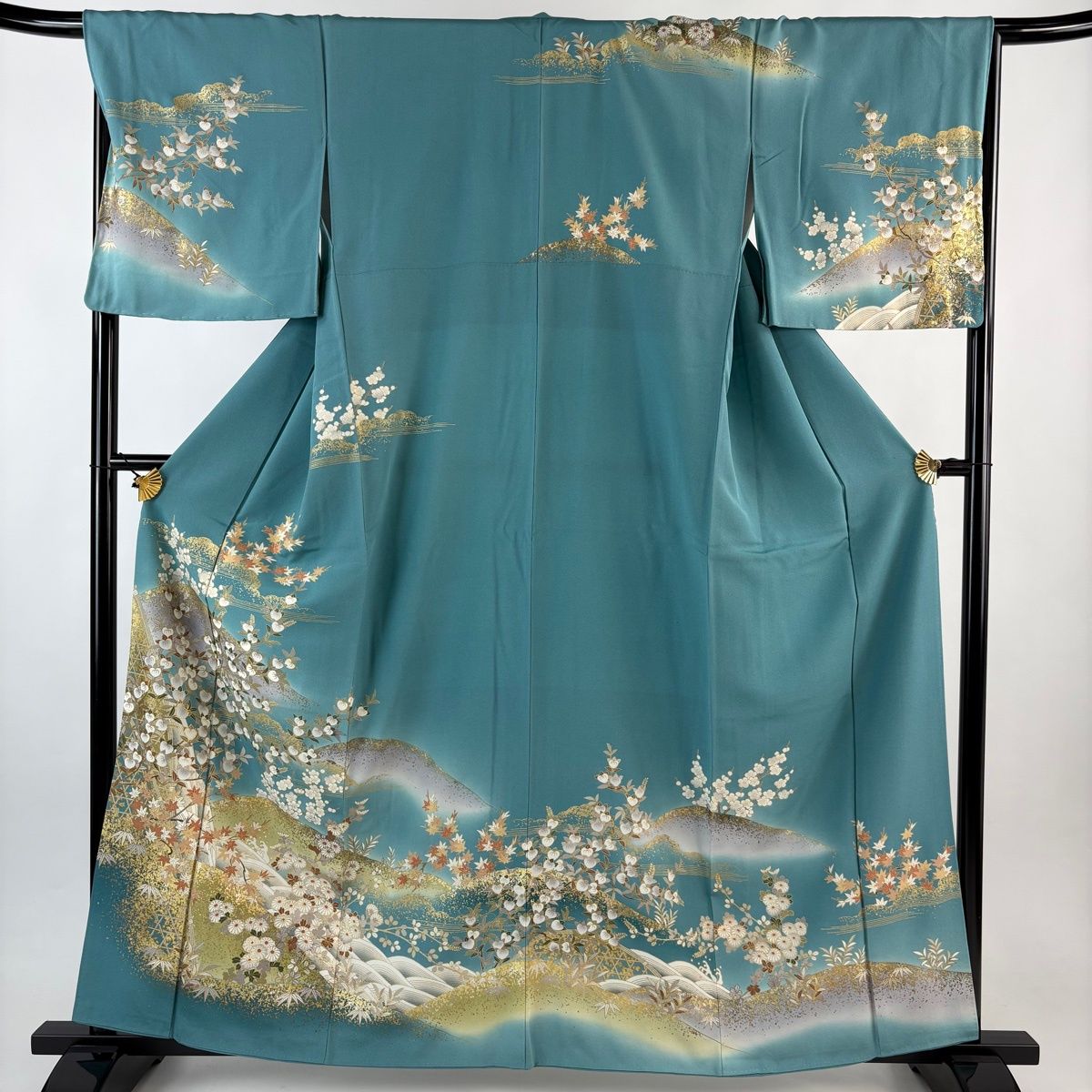 訪問着 身丈160 cm 裄丈67.5 L 袷 枝梅 楓 金糸 金銀彩 青緑 正絹 秀品