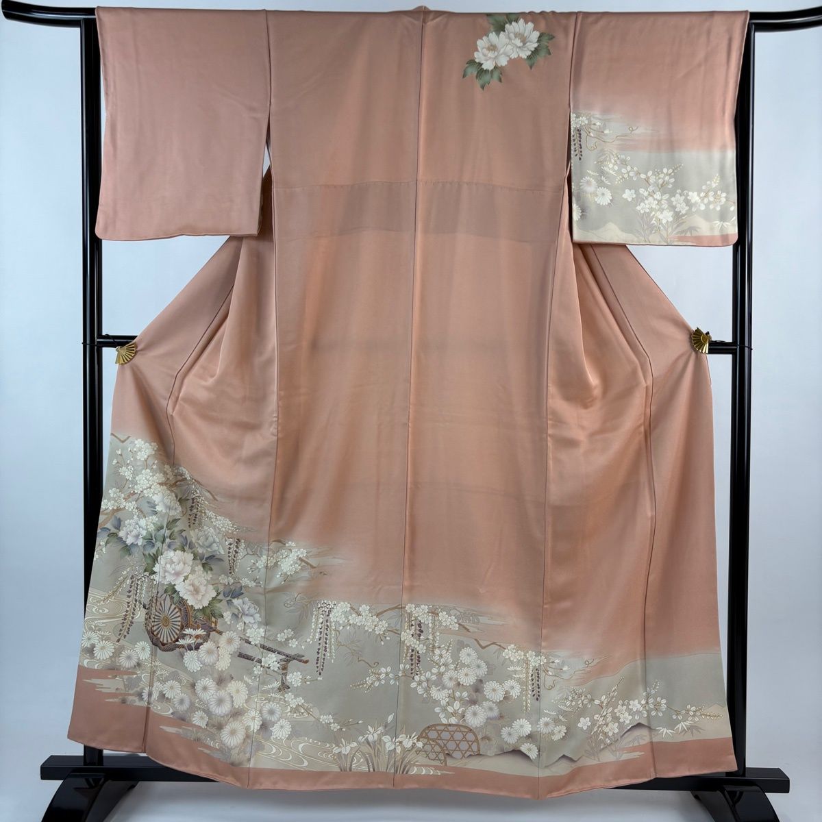 訪問着 身丈159.5 cm 裄丈65 M 袷 花車 牡丹 金彩 ぼかし サーモンピンク 正絹 秀品
