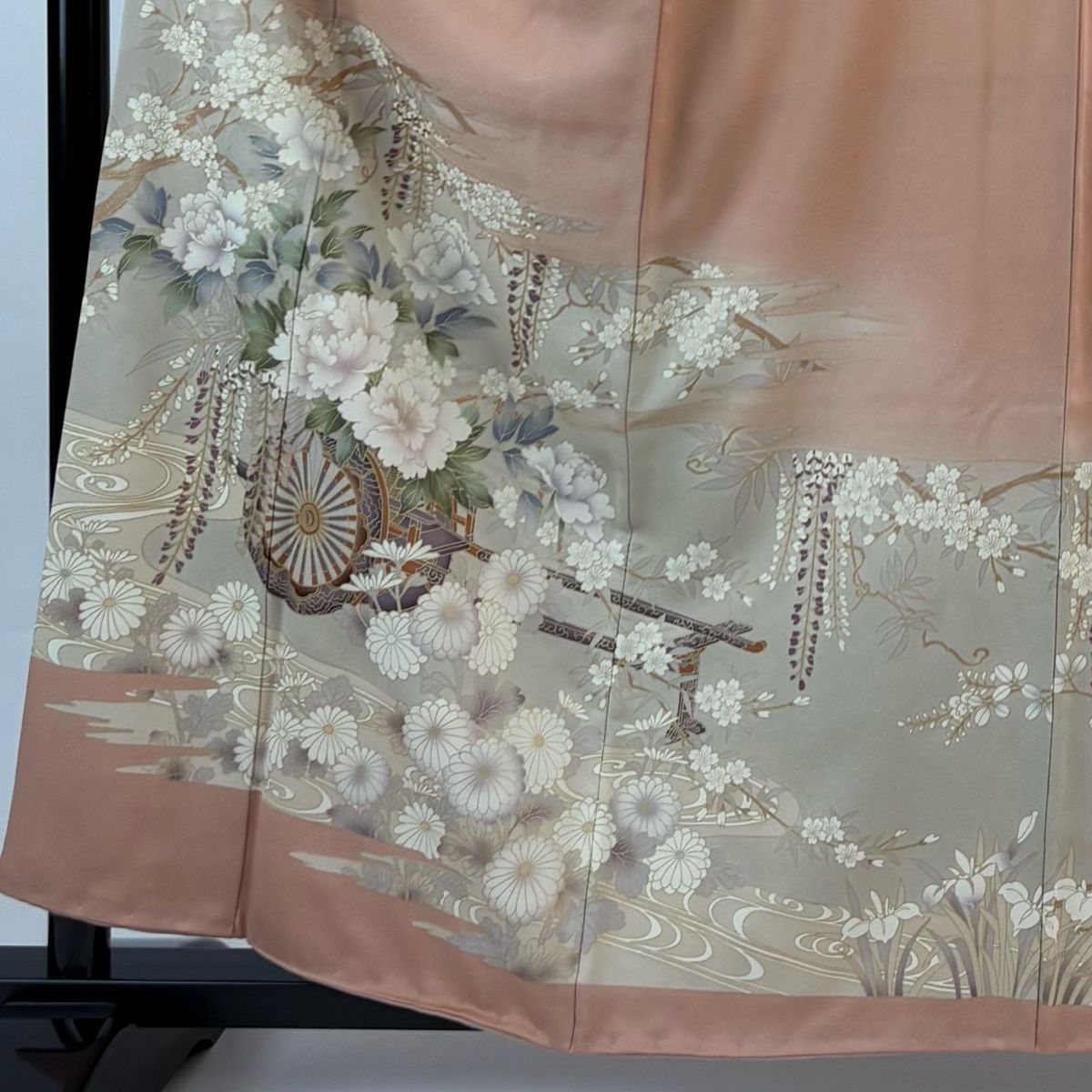 訪問着 身丈159.5 cm 裄丈65 M 袷 花車 牡丹 金彩 ぼかし サーモンピンク 正絹 秀品