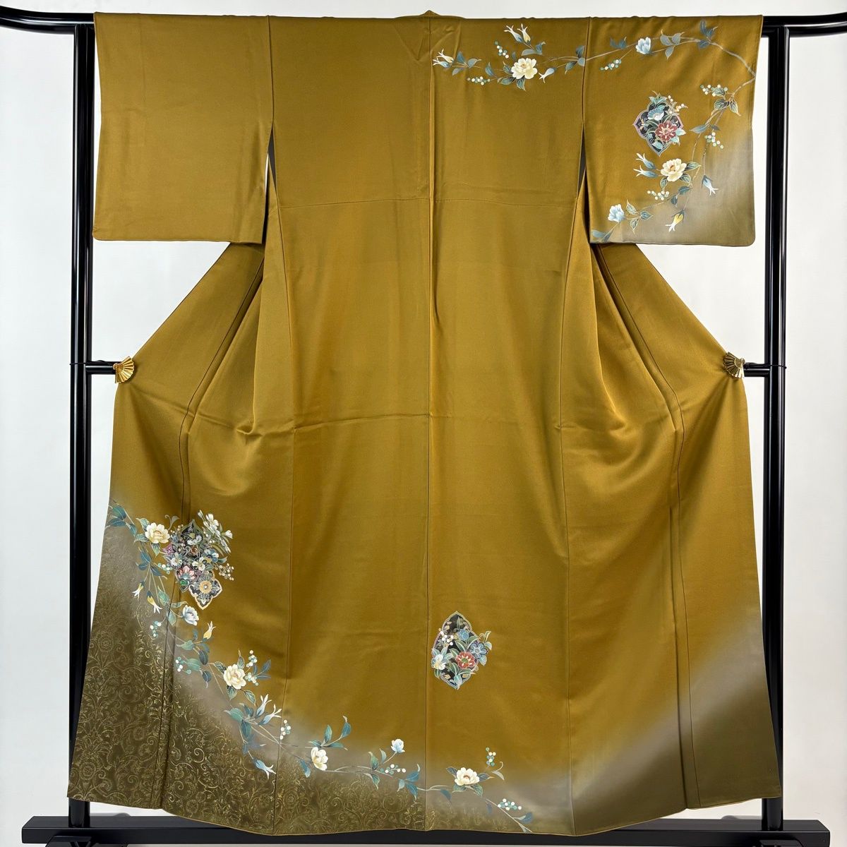 訪問着 身丈156.5cm 裄丈62cm S 袷 草花 花唐草 螺鈿 金銀彩 山吹茶色