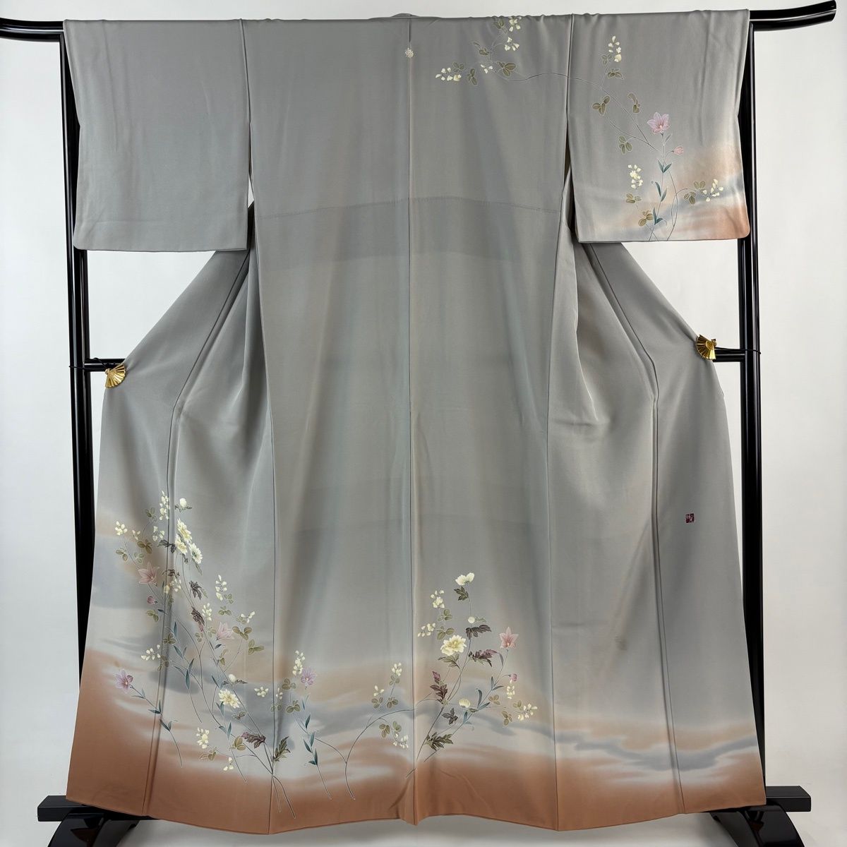 訪問着 身丈160 cm 裄丈66 M 袷 落款 枝花 霞 ぼかし 灰色 正絹 秀品 一つ紋