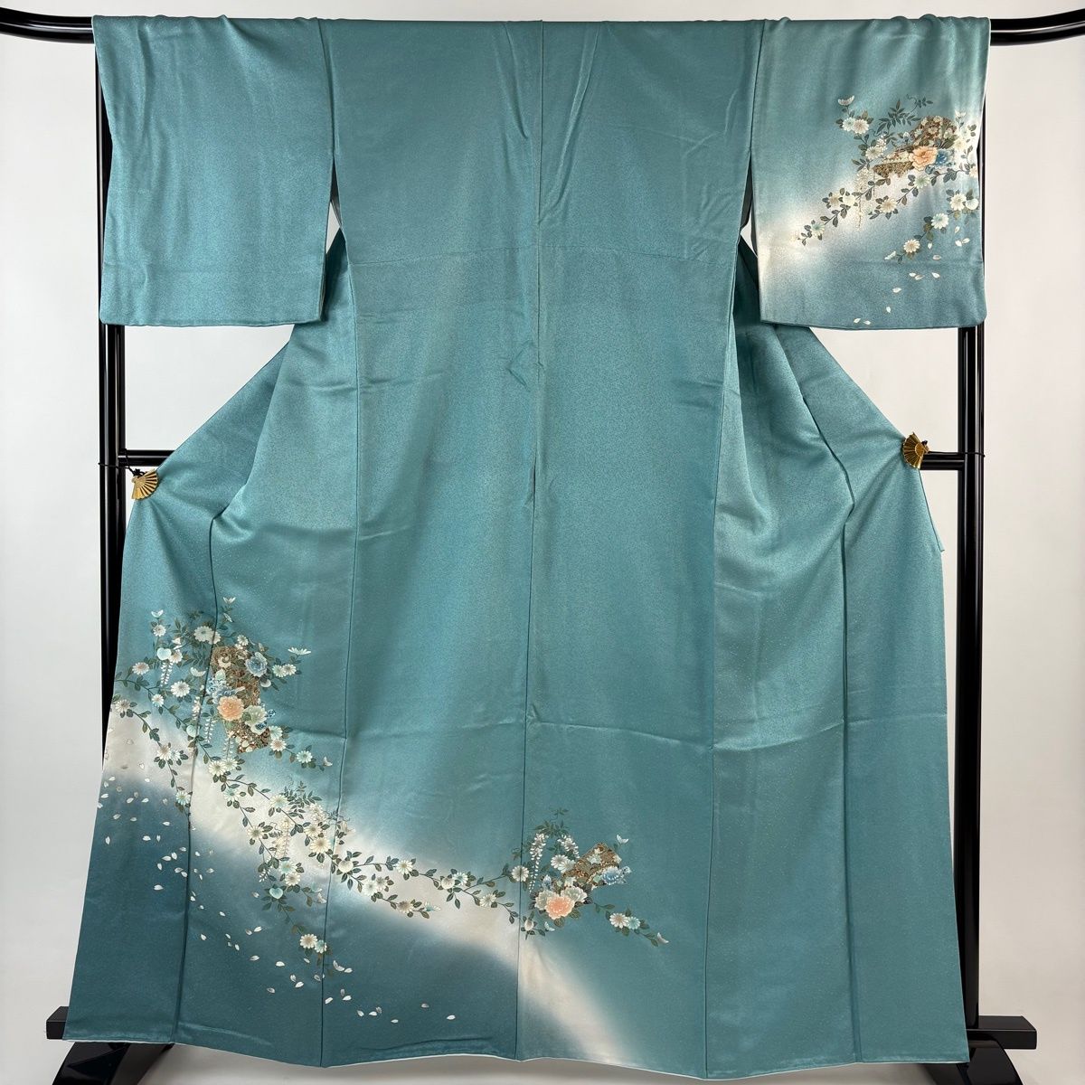 訪問着 身丈163 5 cm 裄丈68 L 袷 草花 花びら 螺鈿 金銀彩 青緑 正絹 秀品