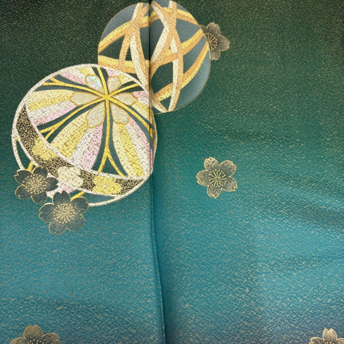  振袖 身丈158 cm 裄丈63 S 袷 鞠 桜 金通し 螺鈿 緑 正絹 秀品 振袖 着物