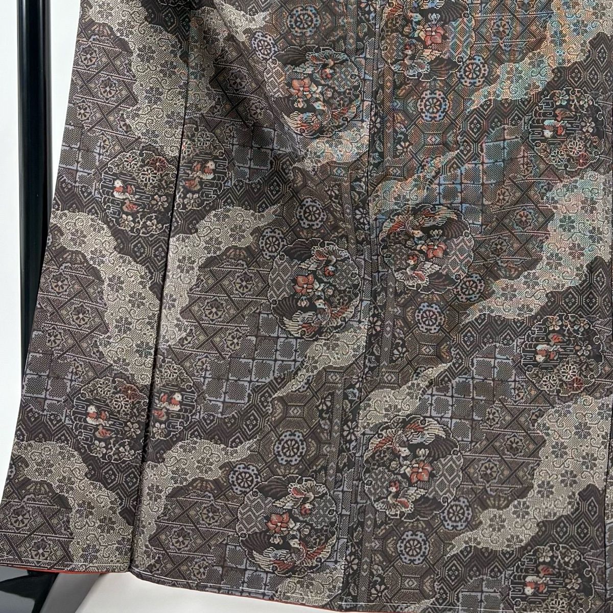 紬 身丈165.5 cm 裄丈67.5 L 袷 雪輪 向かい鳥 焦茶色 正絹 秀品