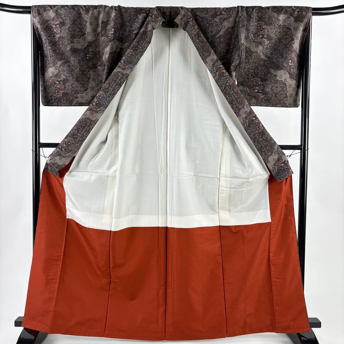  紬 身丈165 5 cm 裄丈67 L 袷 雪輪 向かい鳥 焦茶色 正絹 秀品 紬 着物