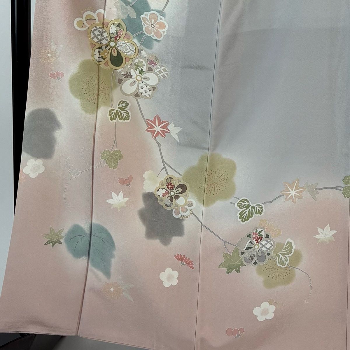 訪問着 身丈165 cm 裄丈65.5 M 袷 落款 梅 楓 金糸 染め分け ピンク 正絹 秀品