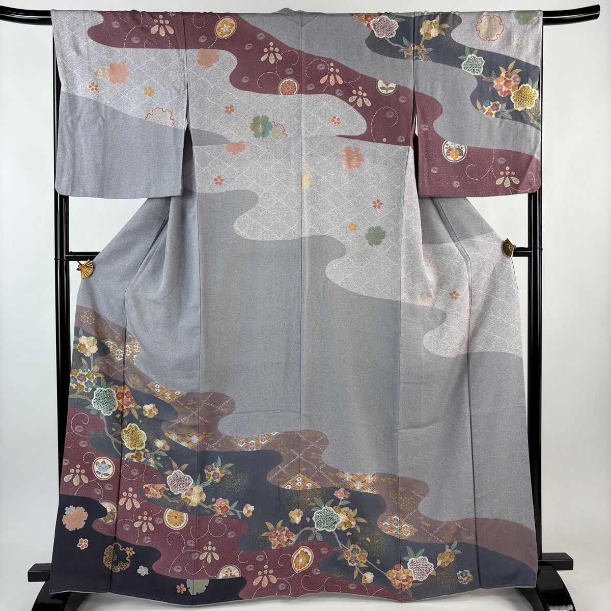 訪問着 身丈165 cm 裄丈66 5 M 袷 桜 雪輪 金糸 金彩 青灰色 正絹 秀品