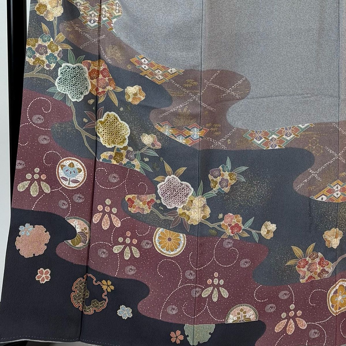 訪問着 身丈165 cm 裄丈66.5 M 袷 桜 雪輪 金糸 金彩 青灰色 正絹 秀品
