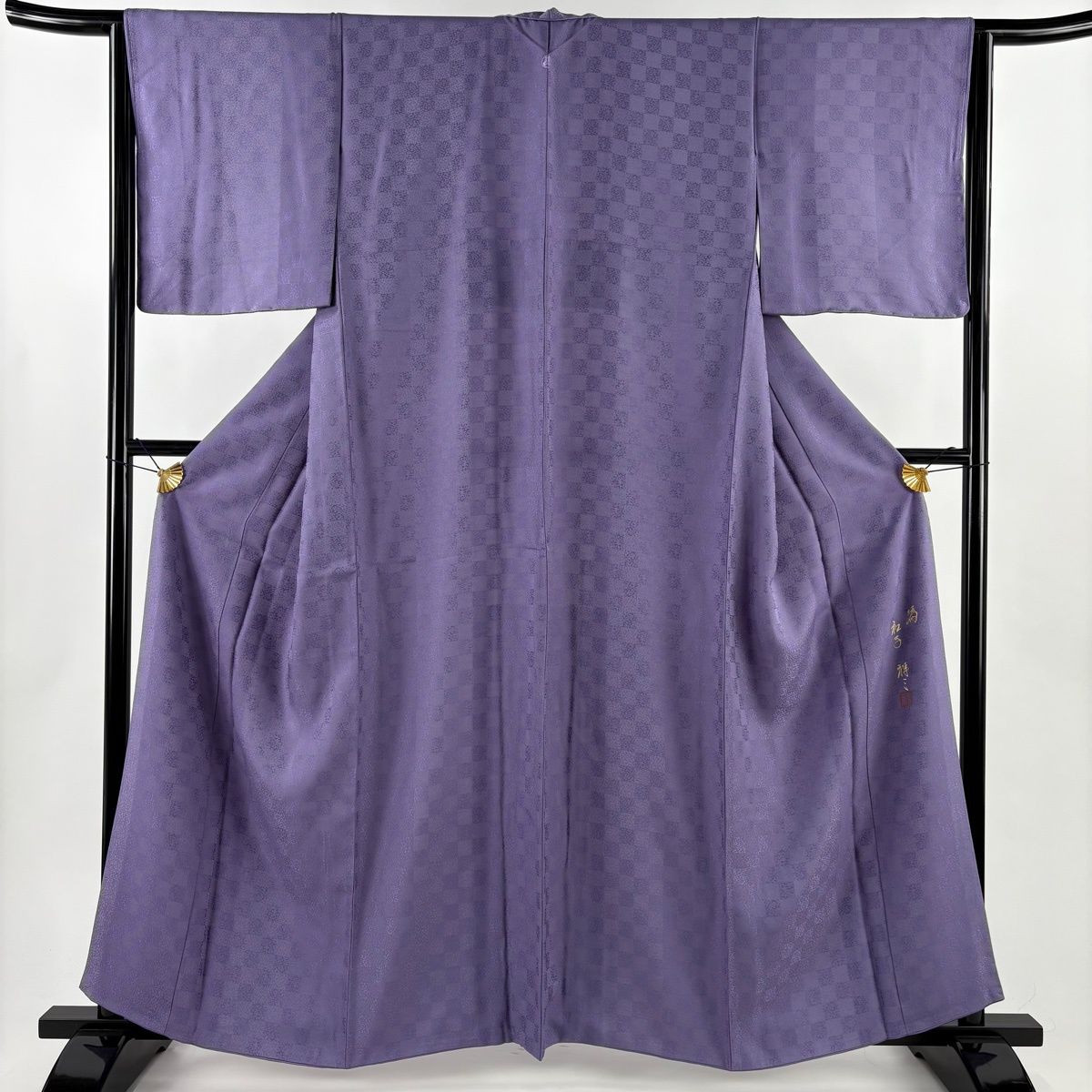 色無地 身丈158.5 cm 裄丈65 M 袷 落款 地紋 紫 正絹 秀品 一つ紋