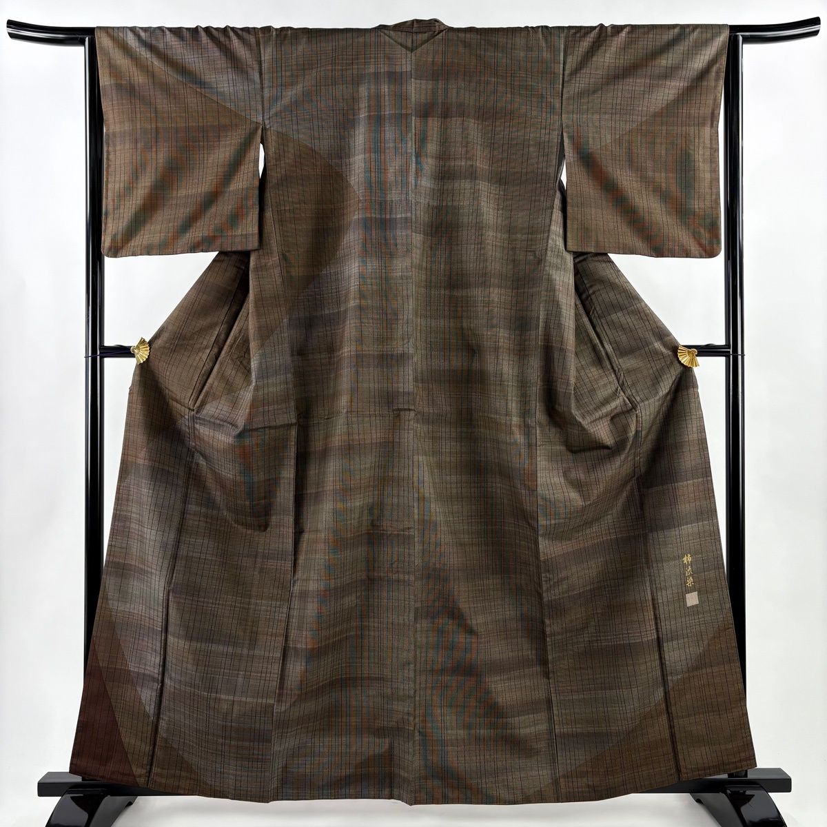 美品】 訪問着 身丈161cm 裄丈64cm M 袷 紬地 柿渋染 縞 茶色 正絹 秀