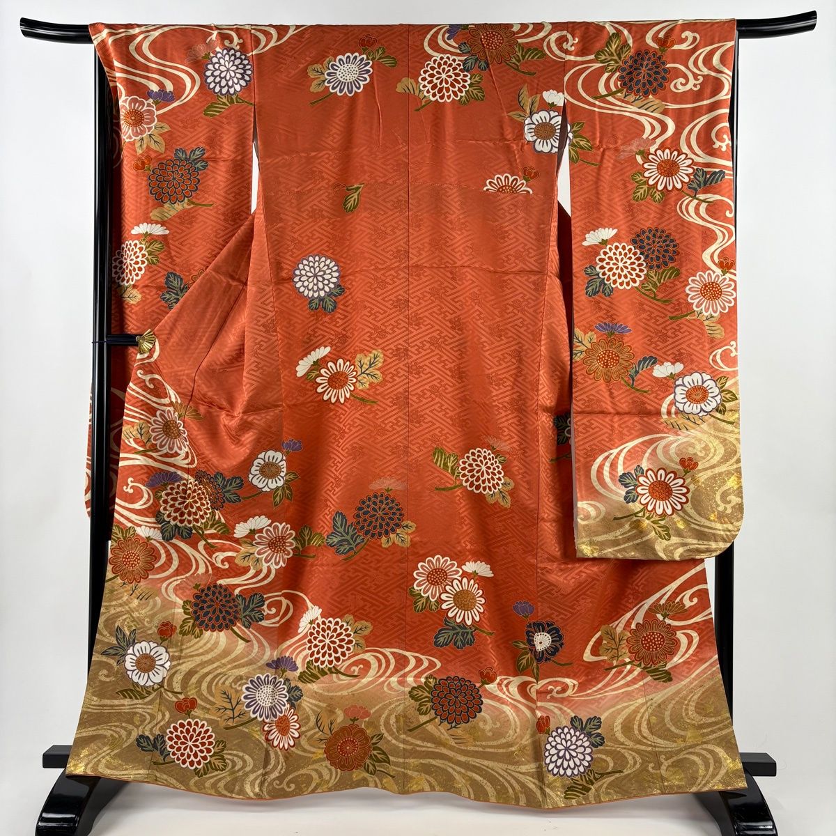 振袖 身丈163cm 裄丈67cm M 袷 鈴乃屋 菊 流水 金糸 金彩 朱色 正絹 秀