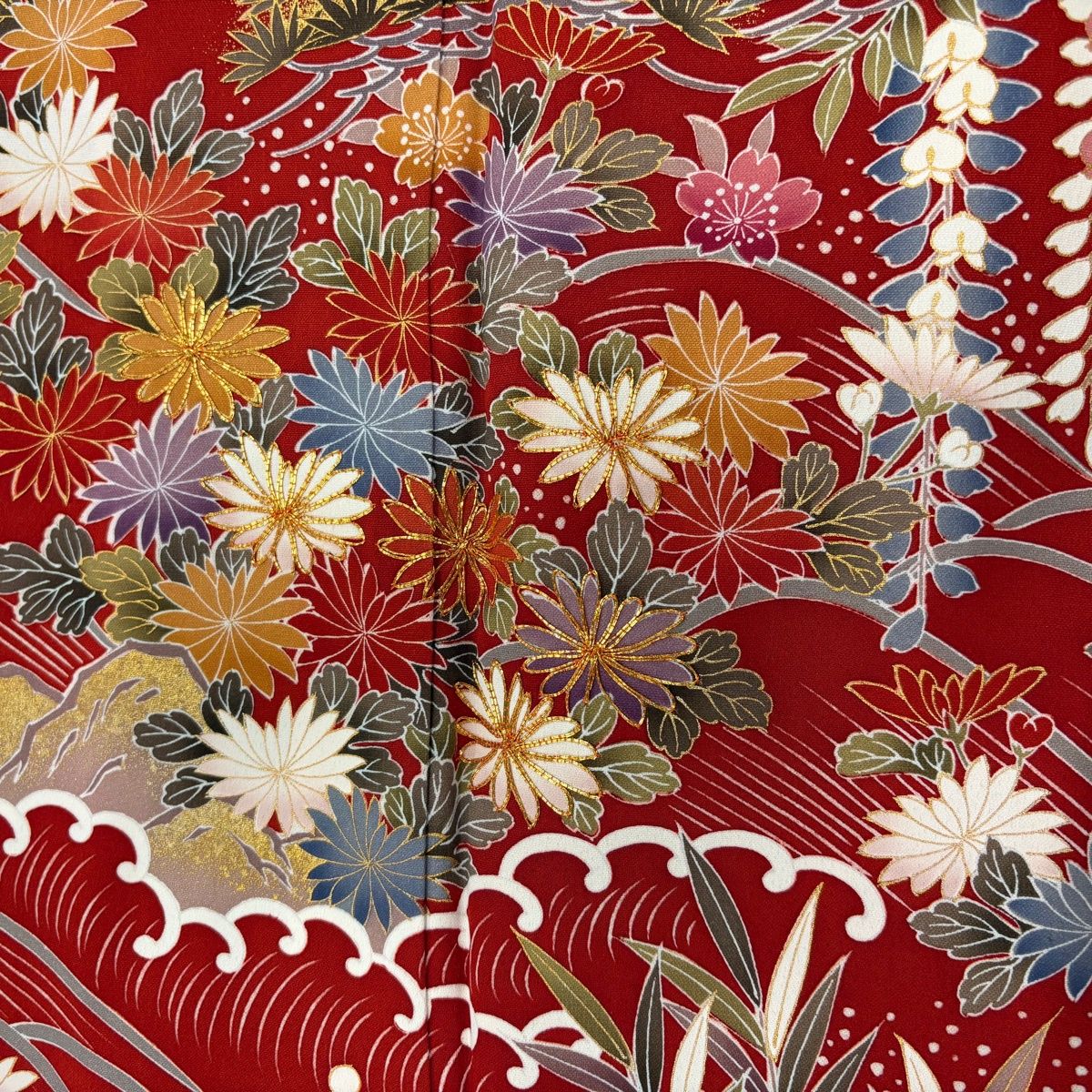  振袖 身丈158 cm 裄丈62 5 S 袷 笠松 菊 金糸 金彩 赤 正絹 秀品 振袖 着物