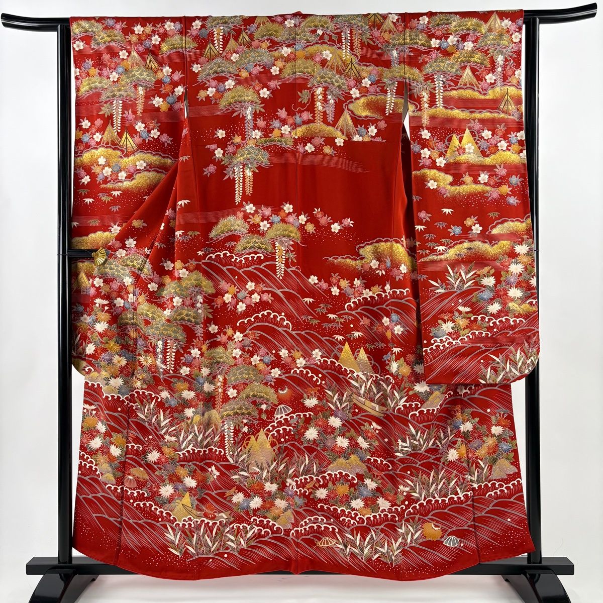 振袖 身丈158 cm 裄丈62.5 S 袷 笠松 菊 金糸 金彩 赤 正絹 秀品