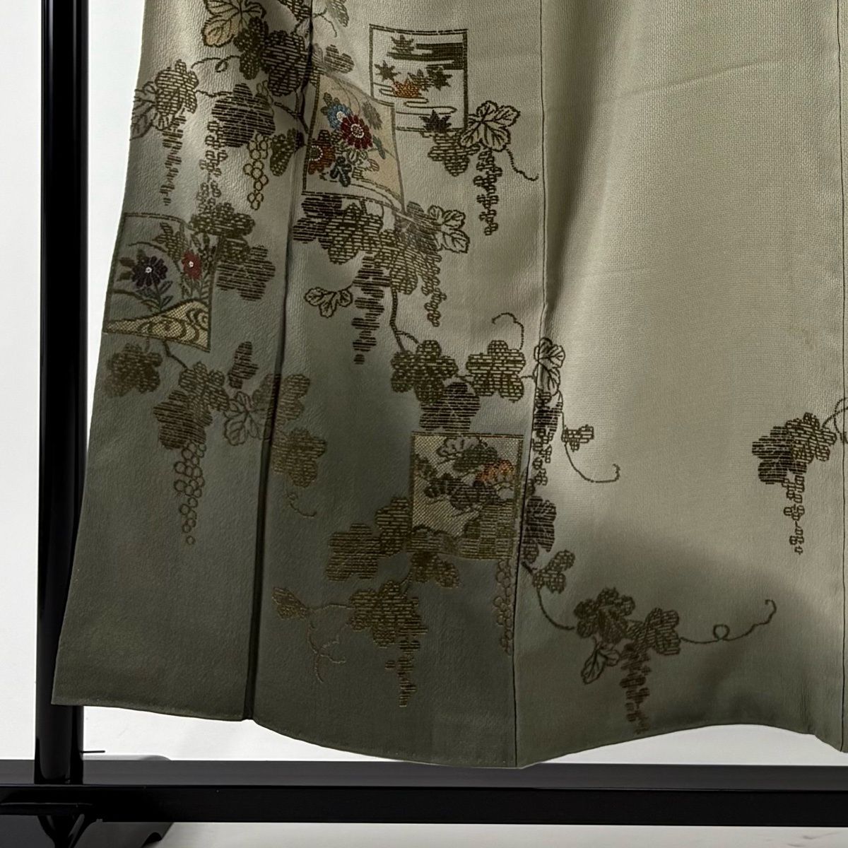 訪問着 身丈153.5 cm 裄丈63 S 袷 色紙 葡萄 金彩 相良刺繍 灰緑 正絹 秀品