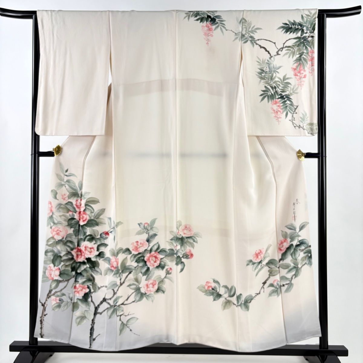 訪問着 身丈155.5 cm 裄丈64.5 M 袷 二代目清次郎 落款 椿 染め分け 薄ピンク 正絹 秀品