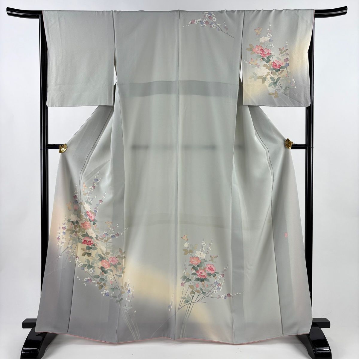 訪問着 身丈166 cm 裄丈66.5 M 袷 落款 枝花 枝梅 染め分け ぼかし 灰色 正絹 秀品