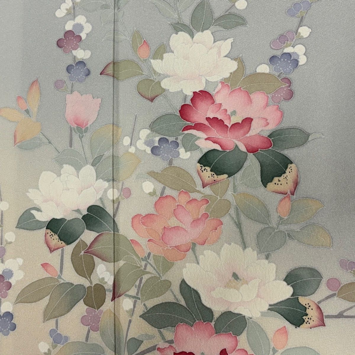  訪問着 身丈166 cm 裄丈66.5 M 袷 落款 枝花 枝梅 染め分け ぼかし 灰色 正絹 秀品 訪問着 付け下げ 着物