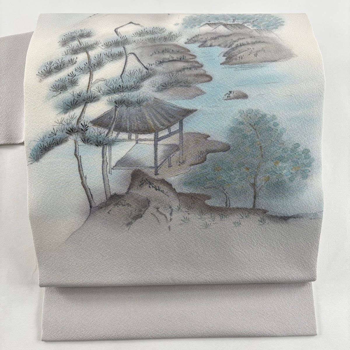 名古屋帯 秀品 落款 風景 建物 ぼかし 灰紫 正絹