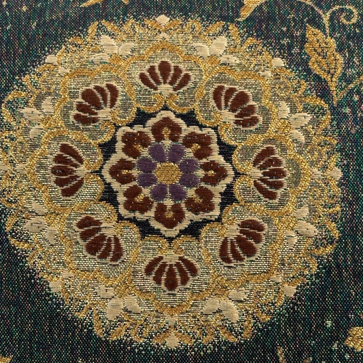 袋帯 秀品 華文 向かい鳥 箔 金糸 緑 六通 正絹