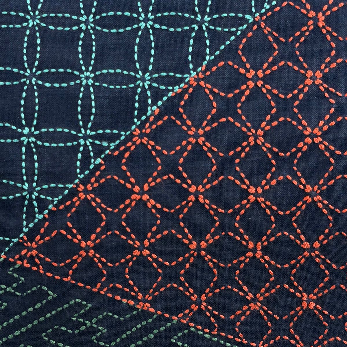 名古屋帯 秀品 七宝繋ぎ 麻の葉 刺し子刺繍 紺色 正絹