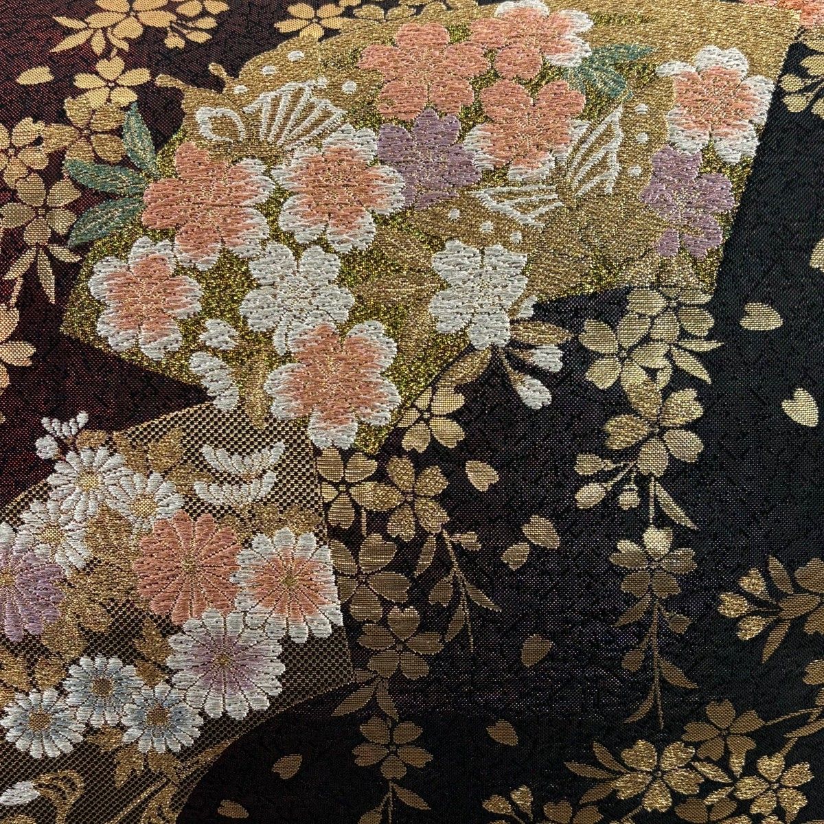 袋帯 秀品 桜 扇面 金糸 箔 赤黒 六通 正絹