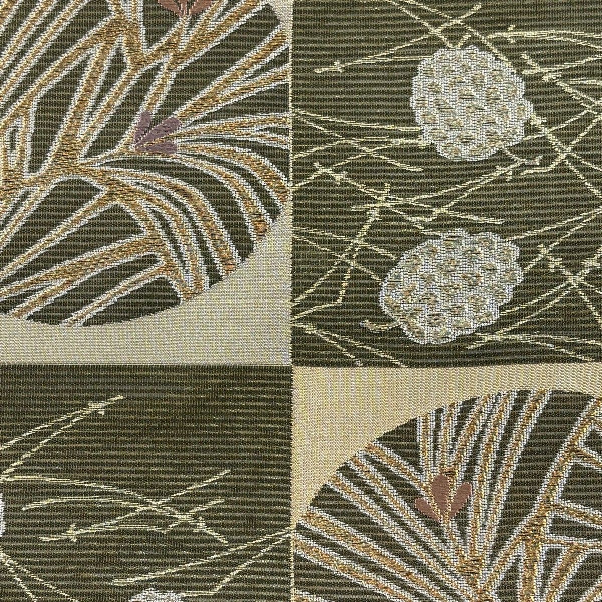 袋帯 秀品 竜田川 夏帯 絽 若松 松笠 金糸 箔 茶緑色 六通 正絹