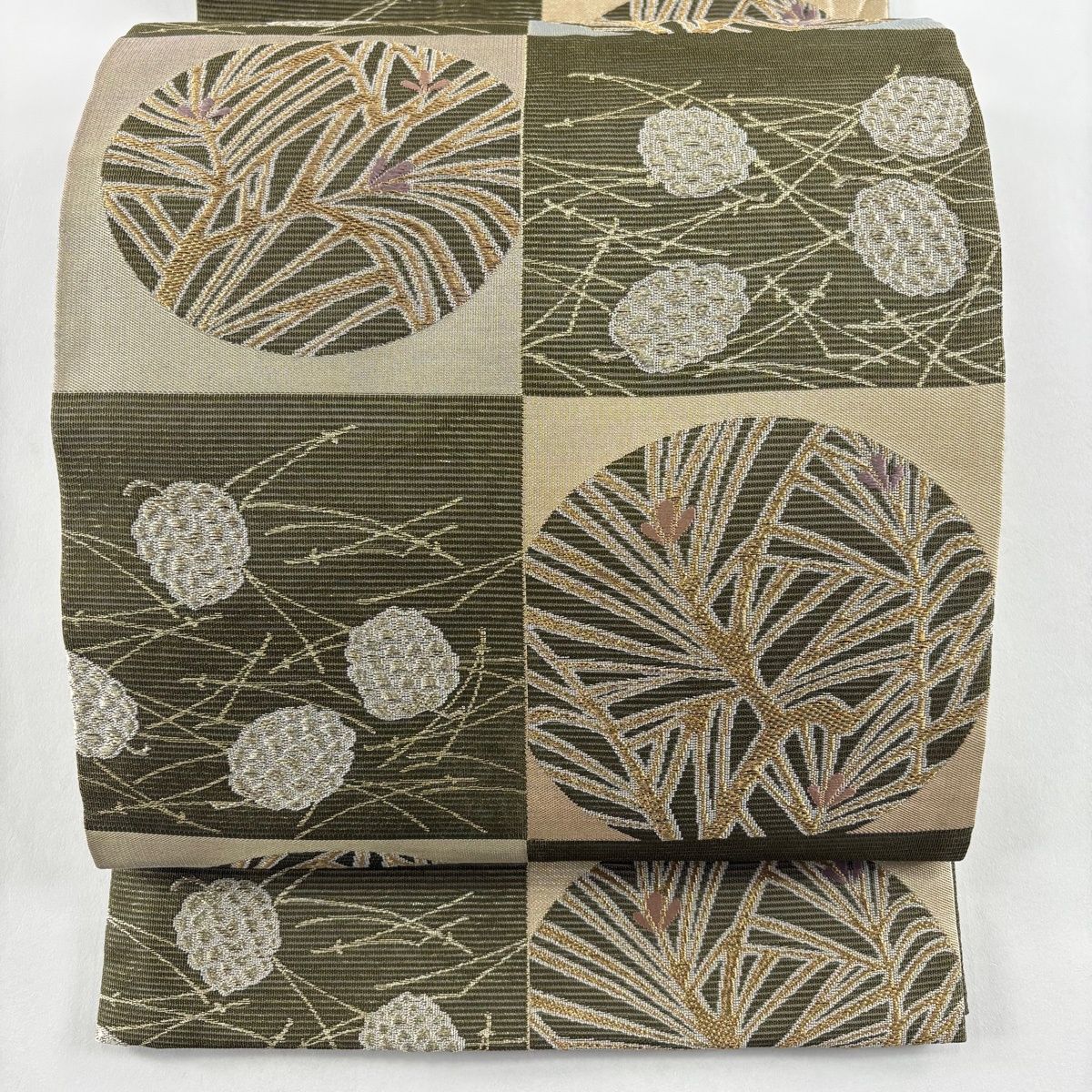 袋帯 秀品 竜田川 夏帯 絽 若松 松笠 金糸 箔 茶緑色 六通 正絹