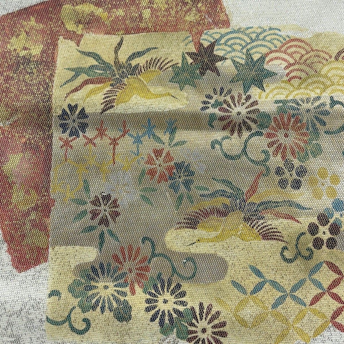 名古屋帯 秀品 破れ色紙 花鳥 箔 銀色 正絹