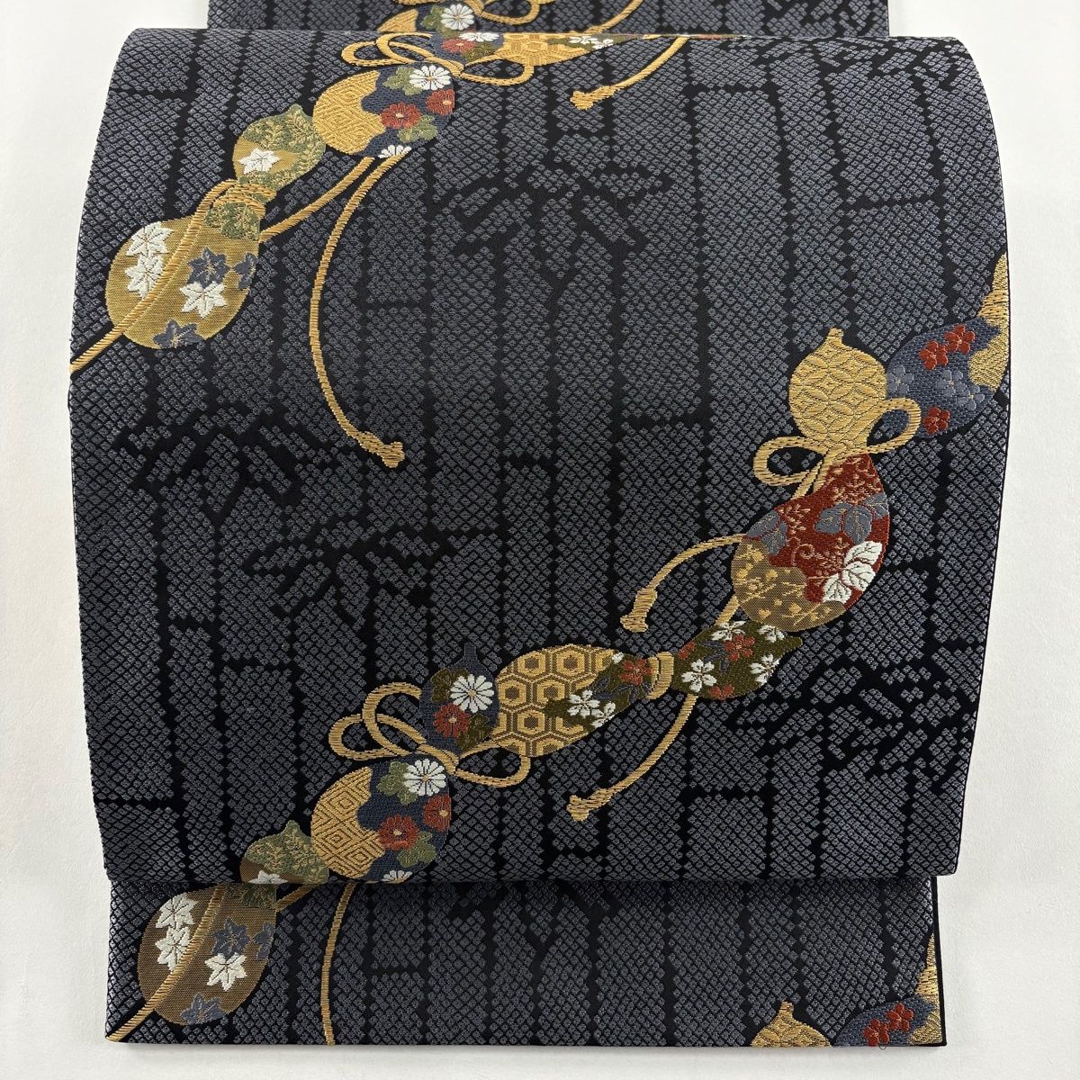 袋帯 秀品 瓢箪 竹 金糸 箔 濃紺 六通 正絹