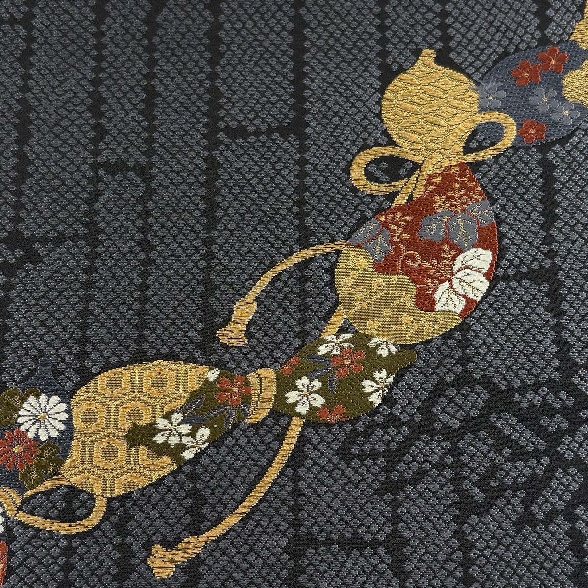 袋帯 秀品 瓢箪 竹 金糸 箔 濃紺 六通 正絹