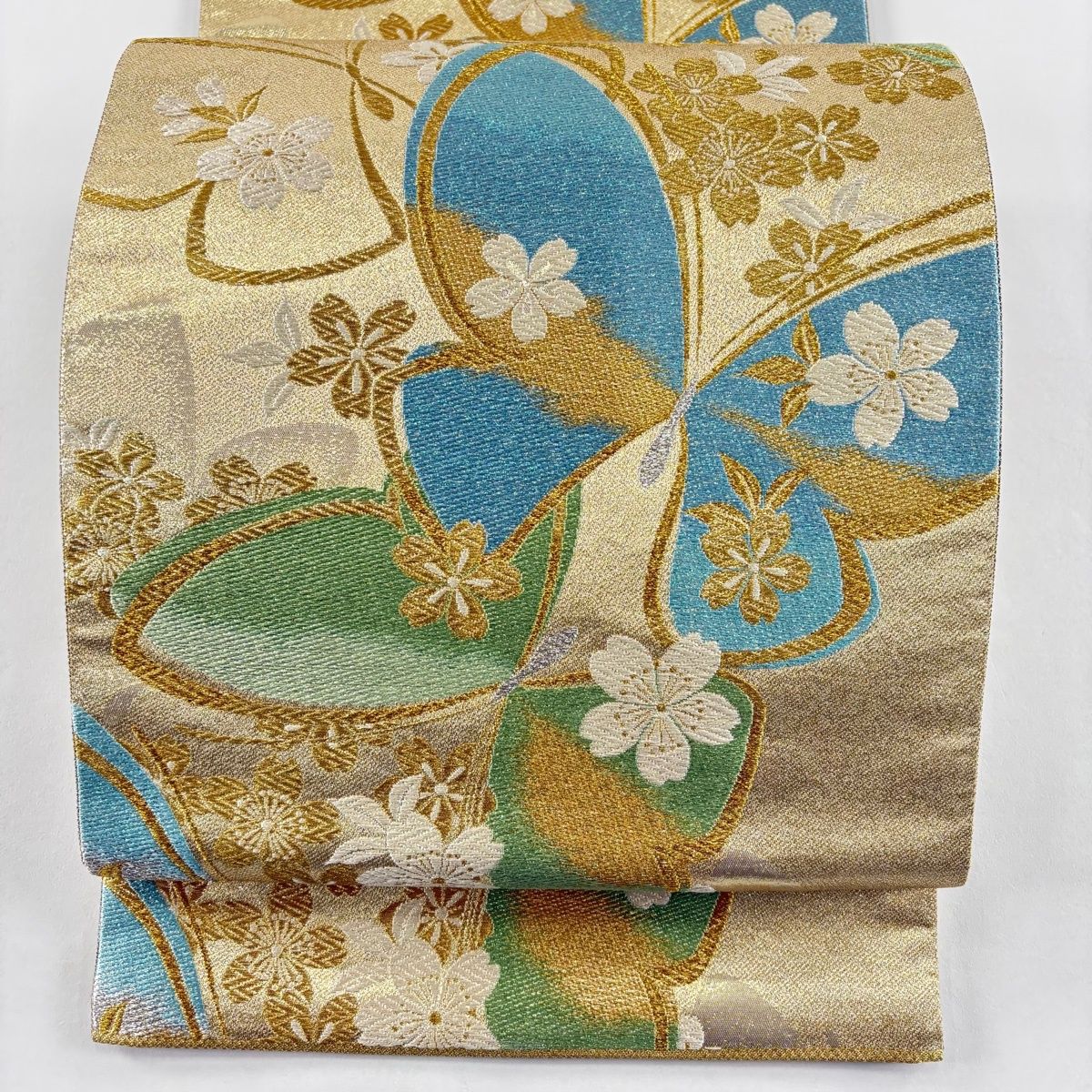 袋帯 秀品 流々振 LONG SIZE RIVERSIBLE 蝶 桜 唐織 箔 金色 六通 正絹