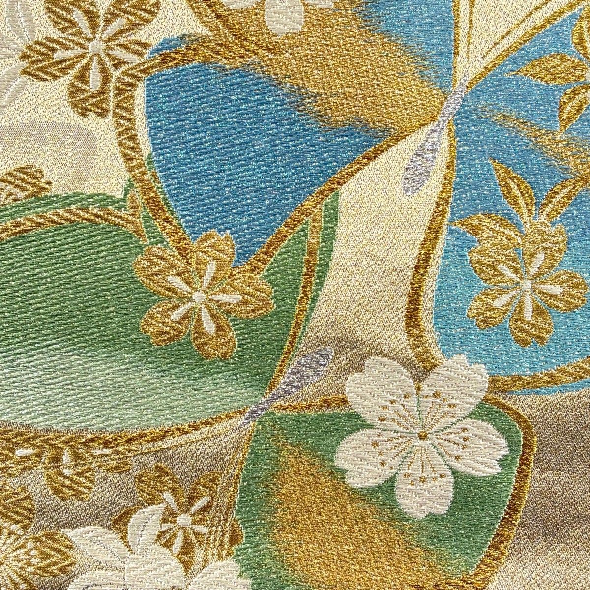 袋帯 秀品 流々振 LONG SIZE RIVERSIBLE 蝶 桜 唐織 箔 金色 六通 正絹