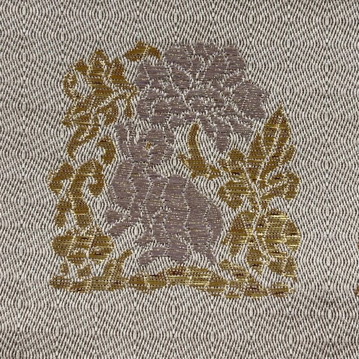 袋帯 秀品 牡丹 花うさぎ 金銀糸 箔 薄小豆 六通 正絹