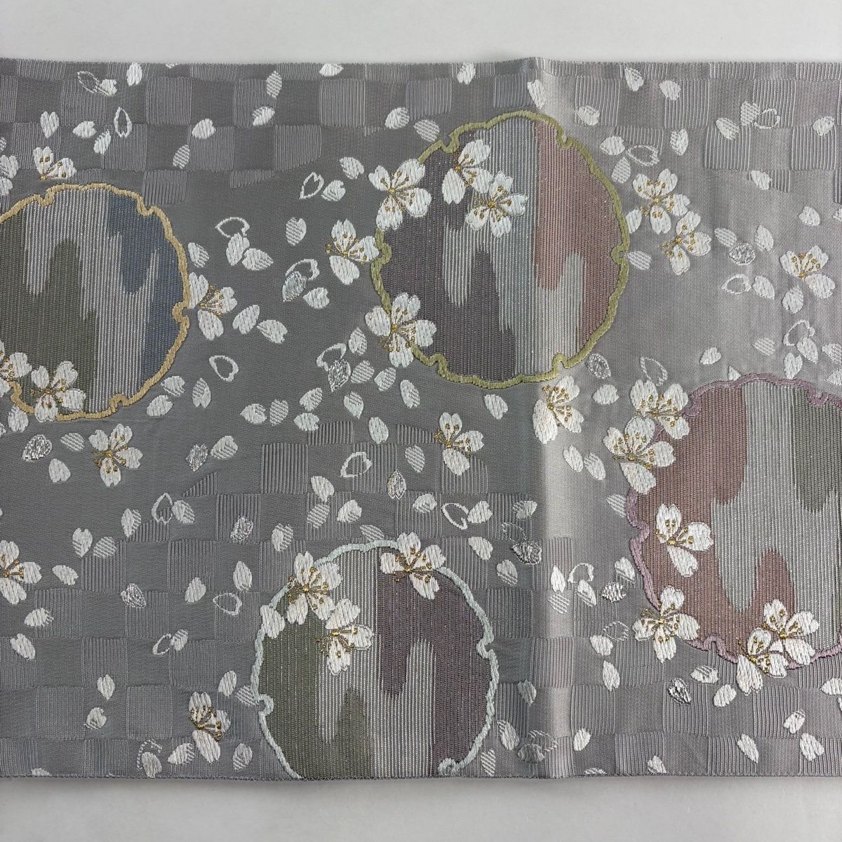 美品】 袋帯 秀品 雪輪 桜 唐織 金銀糸 灰色 六通 正絹 【中古
