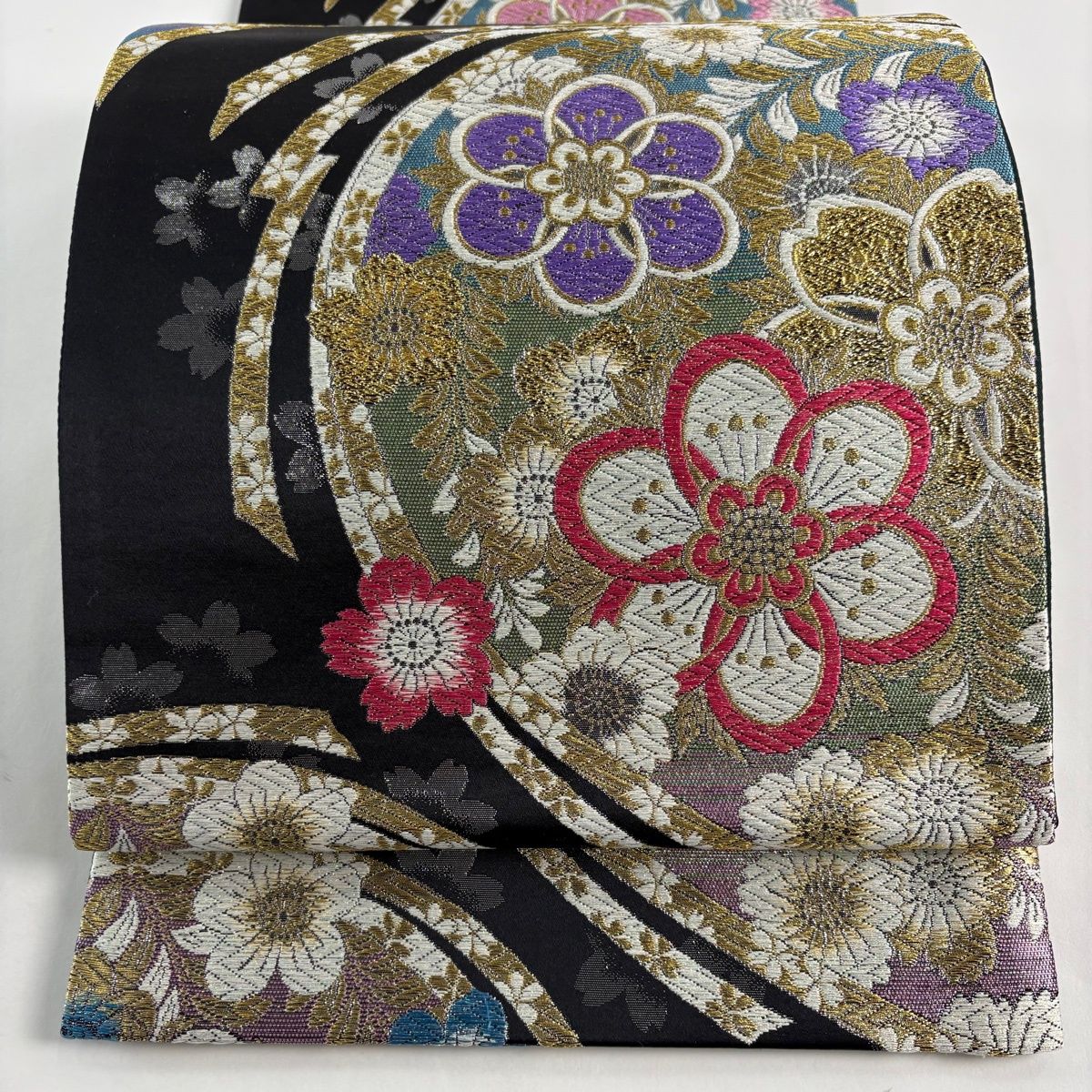 袋帯 秀品 萌希 TWINCOLORE REVERSIBLE 桜 草花 唐織 箔 黒 六通 正絹