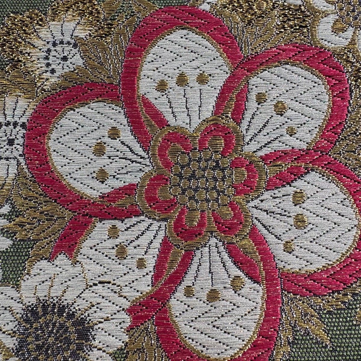 袋帯 秀品 萌希 TWINCOLORE REVERSIBLE 桜 草花 唐織 箔 黒 六通 正絹