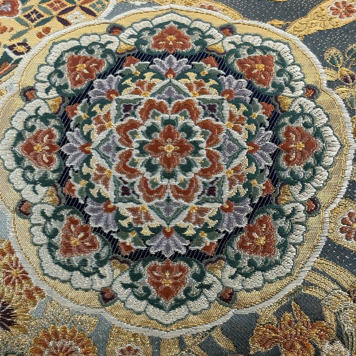 袋帯 秀品 華文 宝尽くし 刺繍 箔 青灰色 六通 正絹