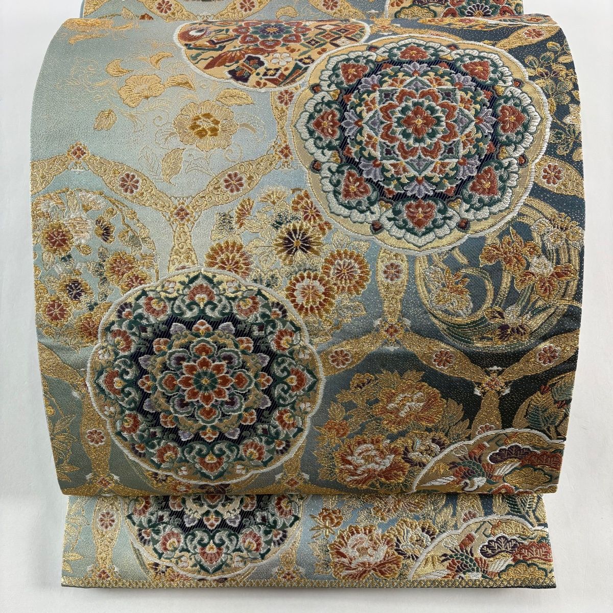 袋帯 秀品 華文 宝尽くし 刺繍 箔 青灰色 六通 正絹