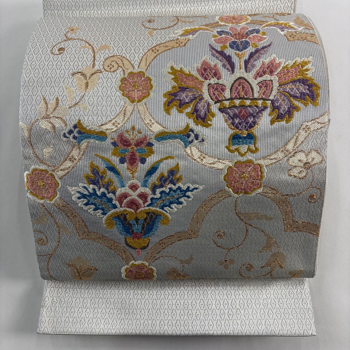 【美品】 袋帯 秀品 草花 箔 銀色 お太鼓柄 正絹 【】