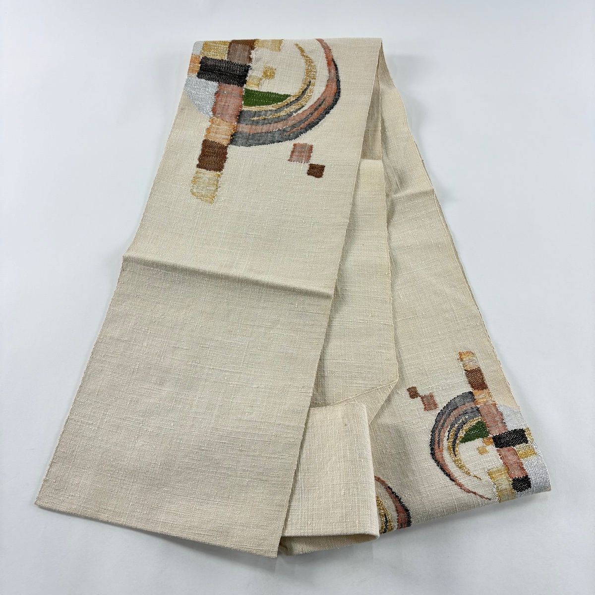  名古屋帯 秀品 紬地 八寸名古屋帯 松葉仕立て 幾何学 箔 ベージュ 正絹 名古屋帯 帯