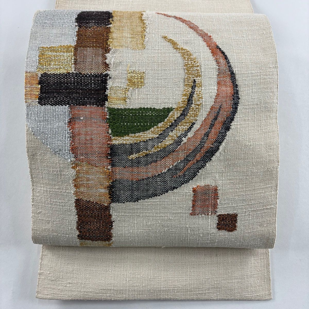 名古屋帯 秀品 紬地 八寸名古屋帯 松葉仕立て 幾何学 箔 ベージュ 正絹