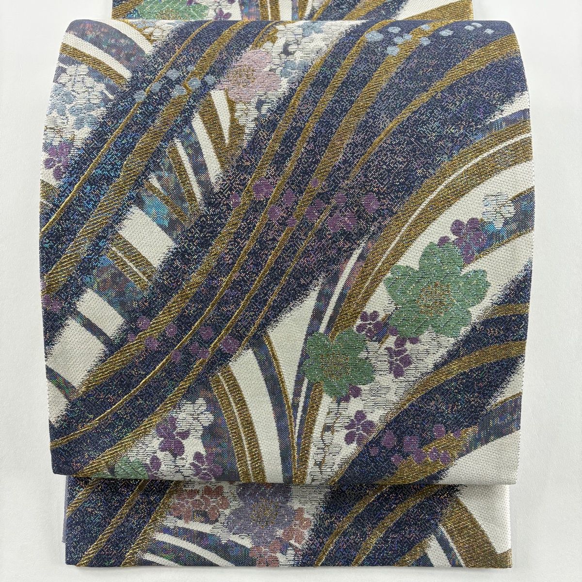 袋帯 秀品 桜 幾何学 箔 青紫 六通 正絹