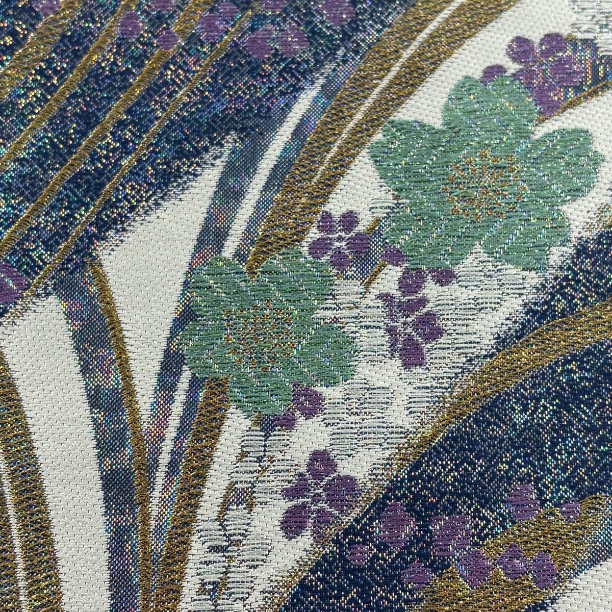 袋帯 秀品 桜 幾何学 箔 青紫 六通 正絹