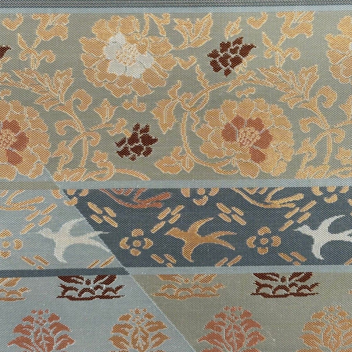 袋帯 秀品 関西仕立て 段縞 花唐草 箔 灰色 六通 正絹