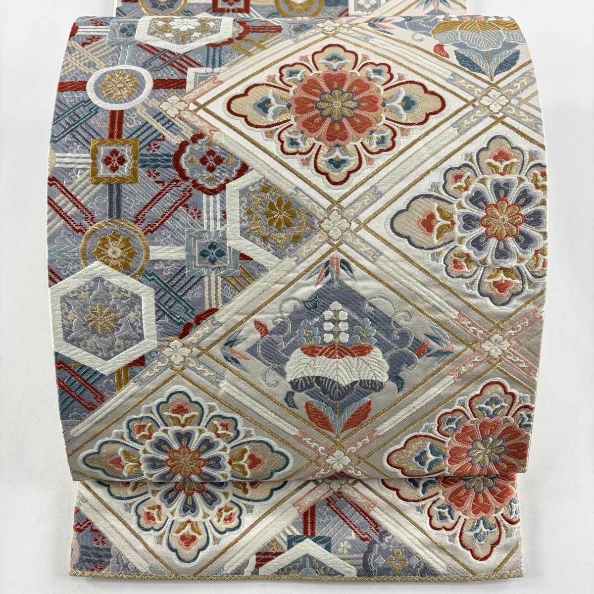 袋帯 秀品 関西仕立て 花菱 桐 金糸 箔 薄茶色 六通 正絹