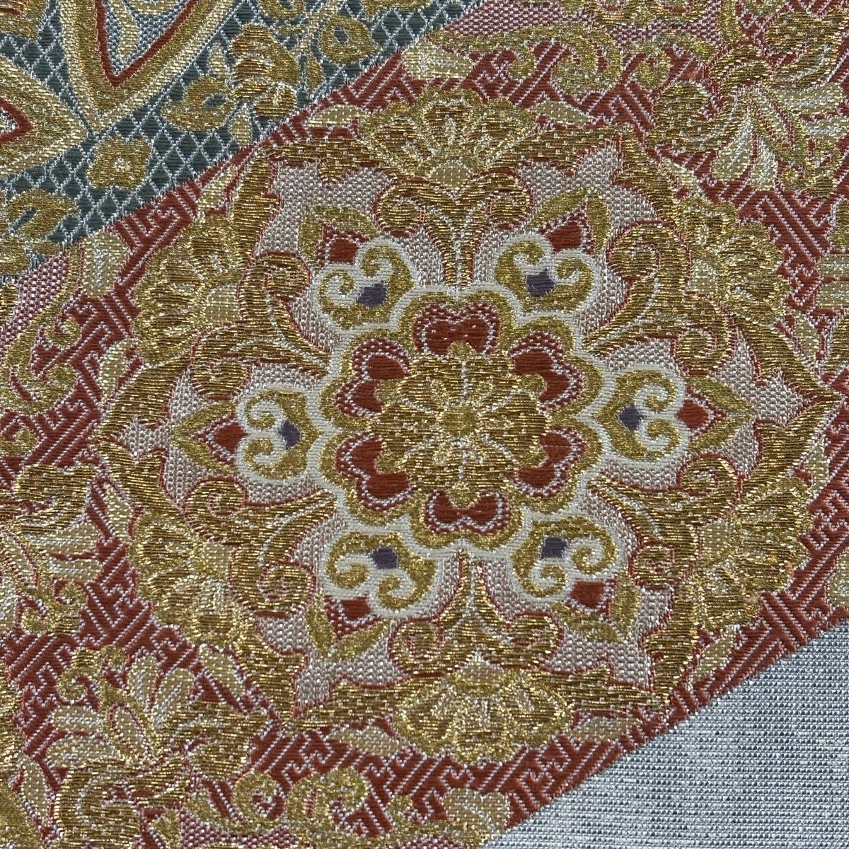 袋帯 秀品 華文 七宝 金糸 箔 銀色 六通 正絹