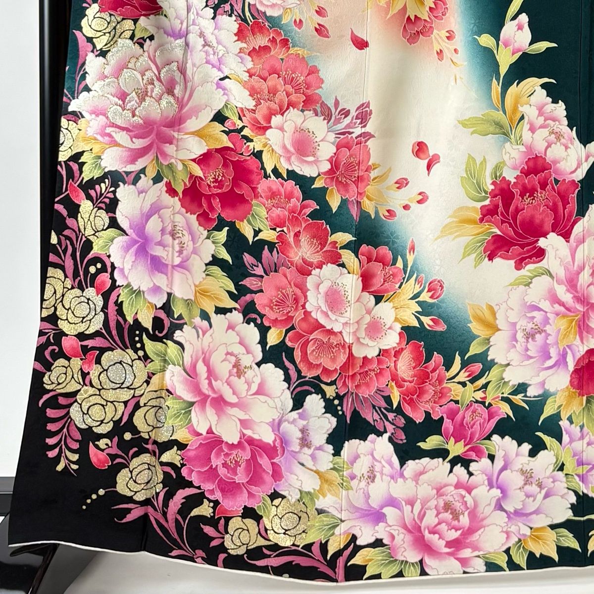 振袖 身丈166 cm 裄丈65.5 M 袷 袋帯フルセット 牡丹 薔薇 金銀彩 刺繍 深緑 正絹